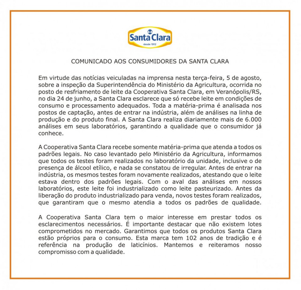 Santa Clara reafirma compromisso com a qualidade de seus produtos ao MP | Blog Santa Clara