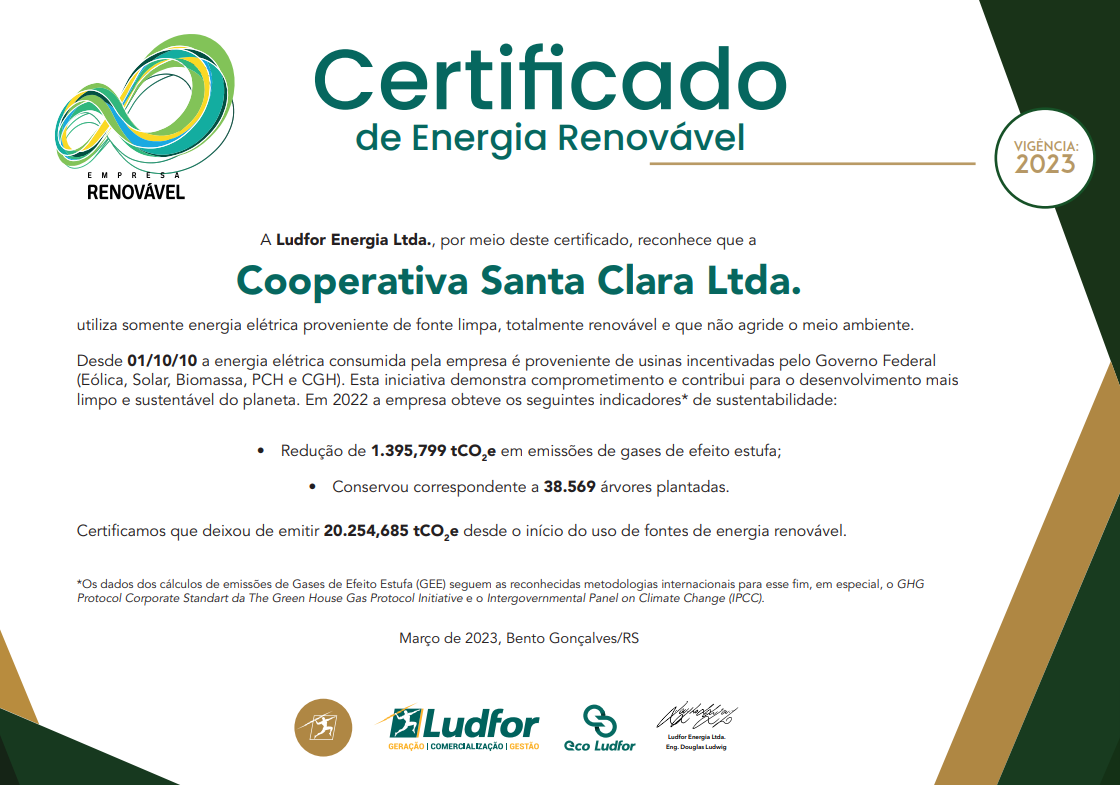 Santa Clara recebe certificação pela utilização de energia renovável 